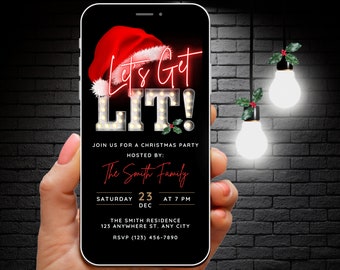 Digital Lets Get Lit Christmas Party Invitation Red Neon, Marquee Lights Christmas Drinks Invite, Editable Rustic Festive Evite, Xmas Party