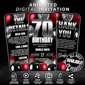 Modèle numérique d'Invitation vidéo numérique pour 70e anniversaire, invitation à une fête d'anniversaire importante avec des détails et une carte de remerciement pour un ballon de 70 ans rouge argenté