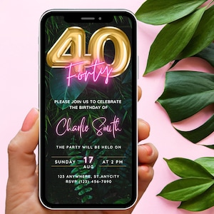 Digital 40th Birthday Party Invitation Template, Neon Pink Tropical theme invite, Text Email Invite, Pink Tropical, Virtual Invitation