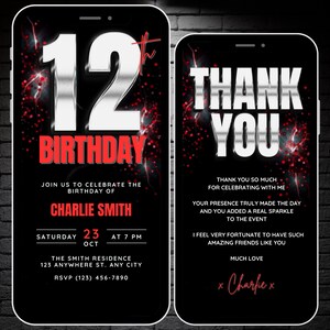 Invitation 12e anniversaire garçon, argent, rouge noir, 12 ans, invitation vidéo d'anniversaire, numérique éditable 12e anniversaire de fête et carte virtuelle de remerciement