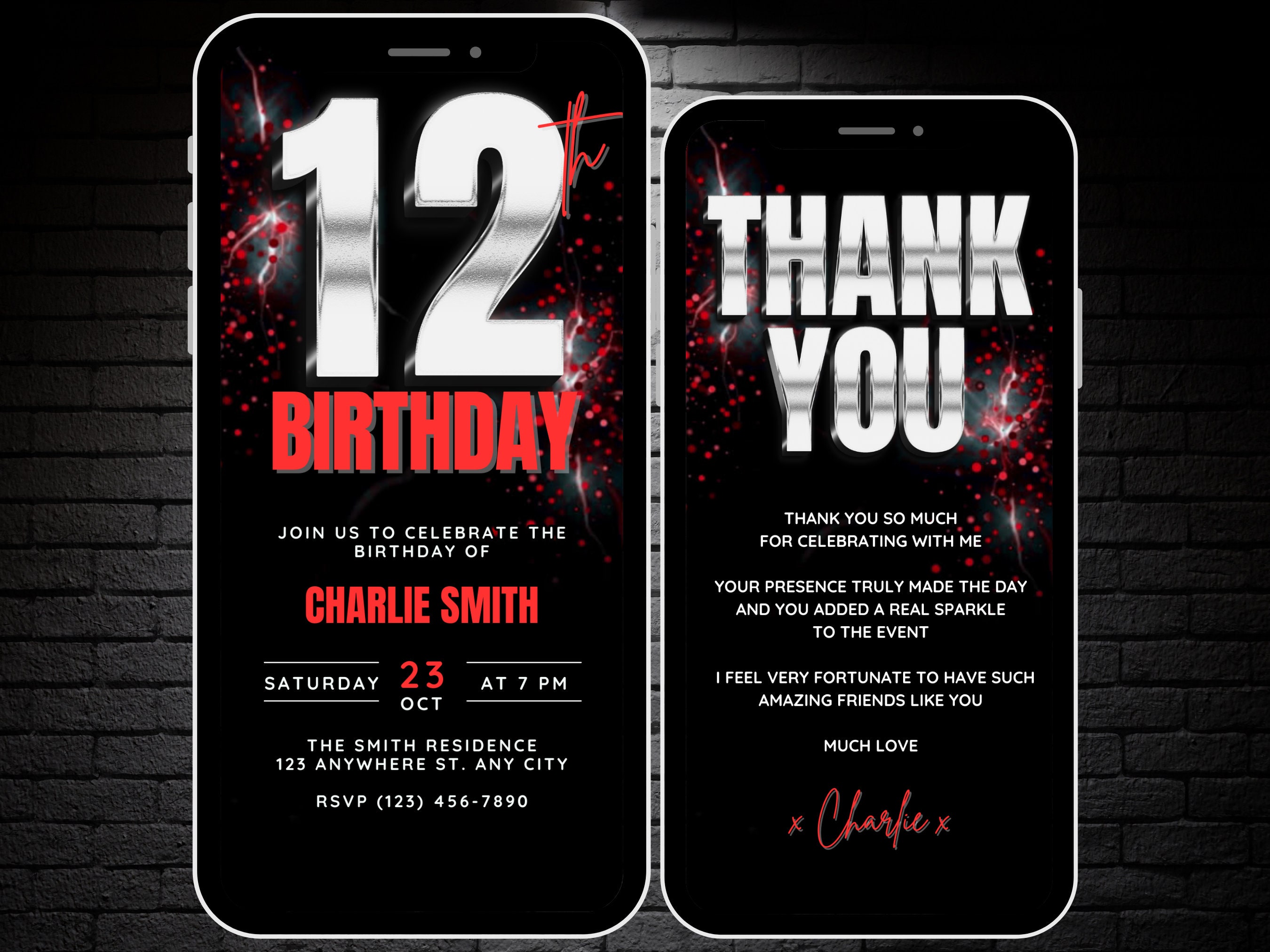 Boys 12th Birthday Invitation Silver Red Black 12 Year Old Birthday Video  Invite, Editable Digital 12th Bday Party Evite \u0026 Thank You eCard, image size:2700x2025