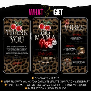 May include: Digital invitation templates for a 30th birthday party. The design features a leopard print background with cherry illustrations and the words "Thank You," "Big Mama Night," and "The Vibes." Includes a thank you card and itinerary.