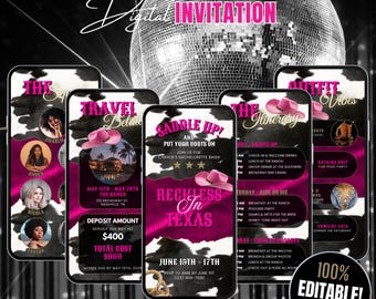 Reckless In Texas Bachelorette Party Weekend Invitation Trip Planner Template, Last Rodeo Cowgirl Western Theme Invite Destination Nash Bash