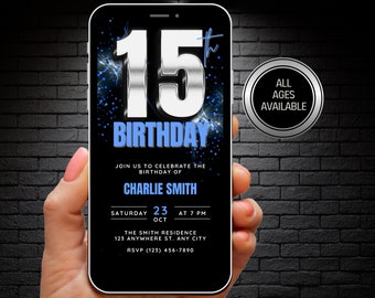 Digitale 15e verjaardagsuitnodiging voor jongens meisjes, geanimeerde 15e verjaardag uitnodigen blauwe bewerkbare sjabloon, tiener nodigt 15-jarige telefoon eCard uit
