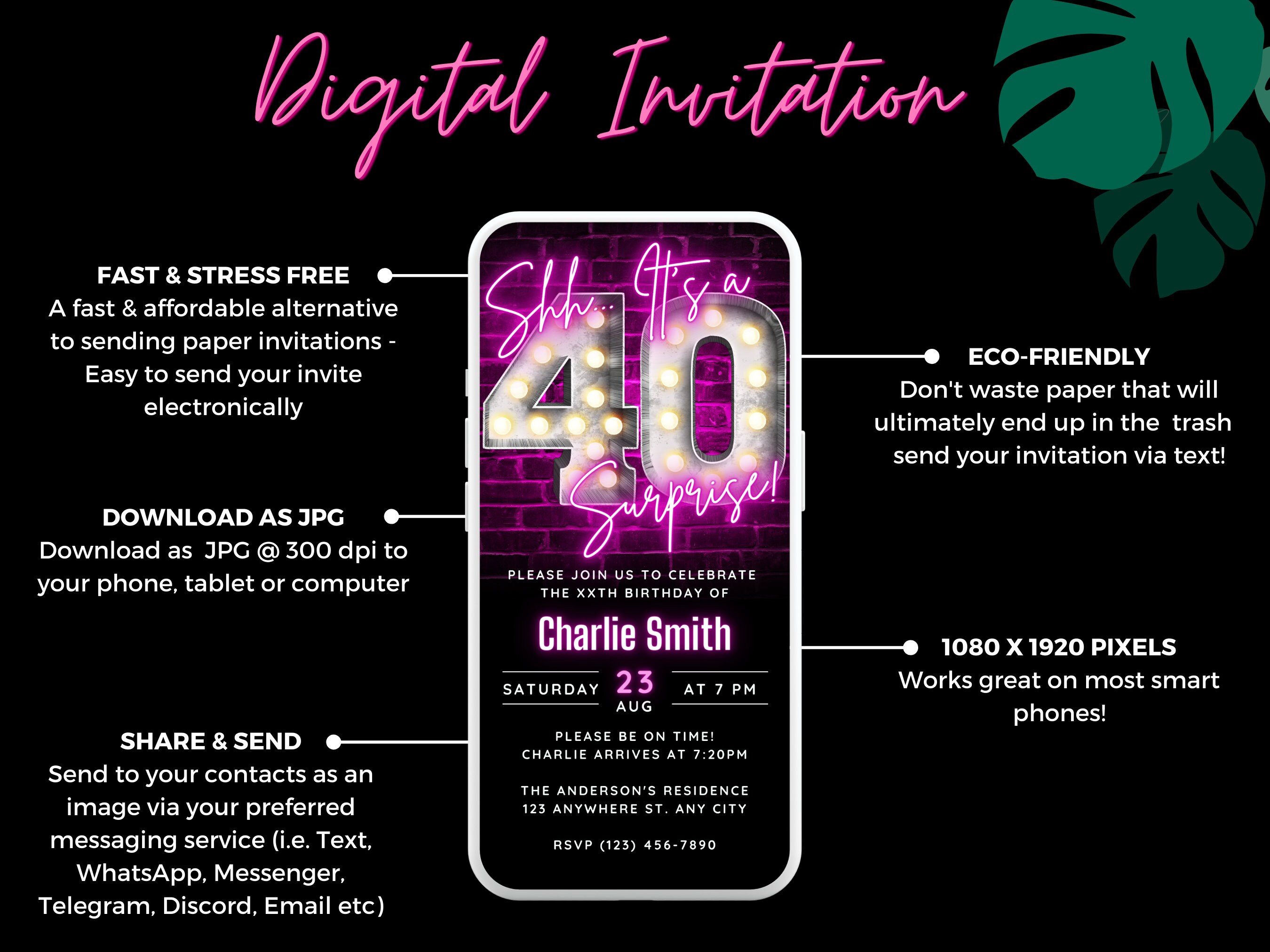 Surprise 40th Birthday Invitation for Women 40 Invite for Adults Phone ...