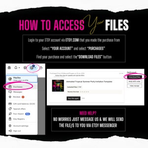 Pu&ograve; includere: Uno screenshot di uno schermo di computer che mostra le istruzioni su come accedere ai file scaricati su Etsy. Le istruzioni dicono di accedere al tuo account Etsy, selezionare "Il tuo account" e quindi "Acquisti". Quindi, trova il tuo acquisto e seleziona il pulsante "Scarica file". Lo screenshot mostra anche una sezione per i file "Consegnati" con un pulsante che dice "Scarica file".