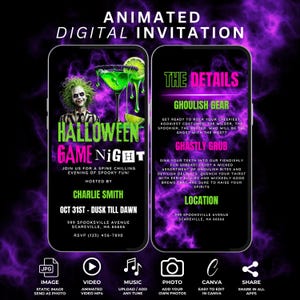 Spooky Halloween-gameavond uitnodiging sjabloon, geanimeerde neon Halloween-feestvideo uitnodigen digitale kostuum feestavond bewerkbare e-card