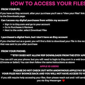 May include: A digital download guide with instructions on how to access files purchased on Etsy. The text is in white and pink, with a dark background and tropical leaf accents. The guide covers accessing files from a PC and phone.