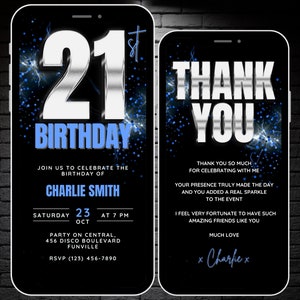 Invitación a la fiesta de cumpleaños número 21 para hombres, video de invitación para niño de cumpleaños número 21 plateado y azul, plantilla editable para evitar el cumpleaños número 21, tarjeta electrónica de agradecimiento