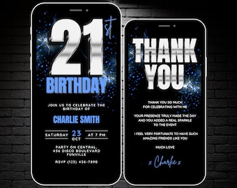 21st Birthday Party Invitation for Men, Silver & Blue 21 Birthday Boy Invite Video, Editable 21st Birthday Evite Template, Thank you eCard