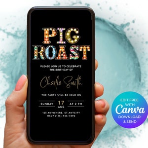 Pig Roast Invitation Digital, Invite, Canva Template, Customisable Rustic Pig Roast Party Invite, Virtual Invitation Evite, Instant Download