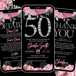 Faire-part numérique 50e anniversaire pour femme, faire-part 50e anniversaire floral rose pays des merveilles d'hiver modifiable avec détails et carte virtuelle de remerciement