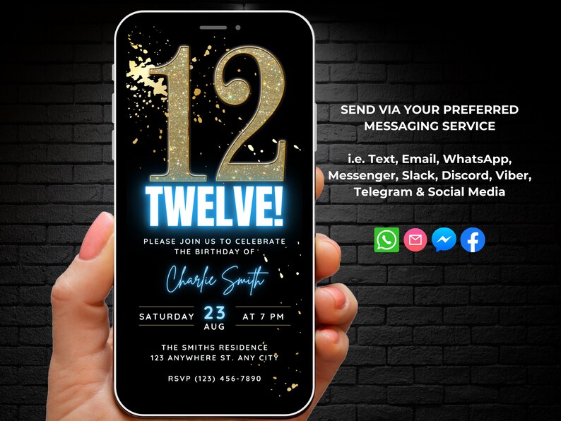 Animated 12th Birthday Party Invitation for Girls, Digital Boys 12 ...