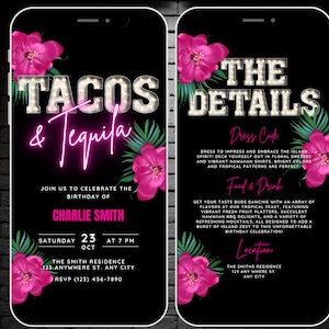 Tacos & Tequila Invitation, Animated Birthday Invite, Pink Tropical Party Evite, Mexican Birthday BBQ Mobile Phone Invite and Details Page