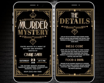 Digital Murder Mystery Game Night Invitation Template, Great Gatsby 1920s Dinner Party Invite, Editable Birthday e-Invite Evite & Itinerary