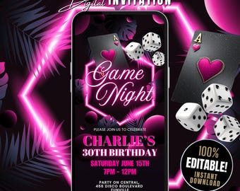 Digital Game Night Birthday Invitation Template, Custom Neon Pink Girls Game Night Party Invite, Poker Party Evite, Adult Card Party Flyer