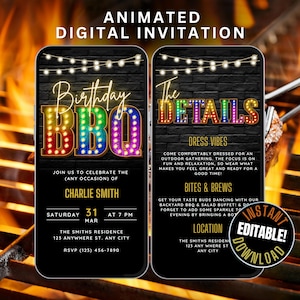 May include: Digital invitation for a birthday BBQ with a black background and colorful neon lights. The invitation includes the text "Birthday BBQ" and "The Details". The details include the date, time, location, and dress code. The invitation also includes the text "Instant Download Editable!"