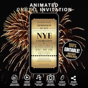 Puede incluir: Una invitaci&oacute;n digital animada en dorado y negro para una celebraci&oacute;n de Nochevieja. La invitaci&oacute;n presenta un dise&ntilde;o de boleto con el texto "Evento exclusivo Boleto de admisi&oacute;n" y "Celebraci&oacute;n de Nochevieja". La fecha y hora del evento se enumeran como "31 de diciembre - 7:00 PM - 2:00 AM". La ubicaci&oacute;n se enumera como "Mirage Ballroom, 1234 Masquerade Way, Starlight City, SC 56789". La invitaci&oacute;n tambi&eacute;n incluye un n&uacute;mero de tel&eacute;fono para RSVP. La invitaci&oacute;n se muestra en la pantalla de un tel&eacute;fono inteligente con un fondo de fuegos artificiales.
