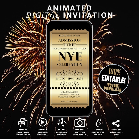 Digital NYE Gold Ticket Invitation, Animated Self Edit New Years Eve Invite Template Canva, Golden New Year Celebration Party Video Evite