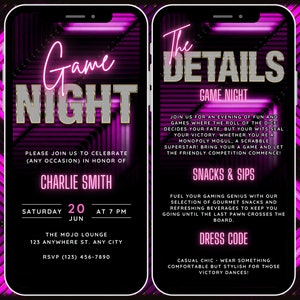 Animated Game Night Invitation for Adults, Editable Family Game Night Video Invite Template, Birthday Game Night Evite Pink Add Own Music