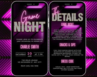 Animated Game Night Invitation for Adults, Editable Family Game Night Video Invite Template, Birthday Game Night Evite Pink Add Own Music