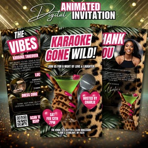 May include: Digital invitation for a karaoke event with a leopard print design. The invitation includes the text "Karaoke Gone Wild!" and event details. A cocktail, microphone, and the event's date and time are displayed on the invitation.