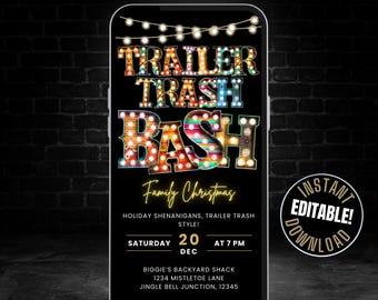 May include: Animated digital invitation for a "Trailer Trash Bash" family Christmas party. The invitation features a black background with a smartphone screen displaying the event details in a neon light style. The text includes the date, time, location, and RSVP information.
