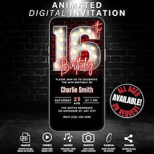 Sweet 16 Birthday Invite Digital Template, Editable Neon Red 16th Birthday Party Invitation, Animated Red Invitation Flyer, Video Invite