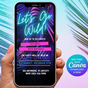 Digital Invitation Lets Go Wild Birthday Invitation Template, Editable Invite Tropical Miami Vice Themed Evite Blue Pink Text Message invite