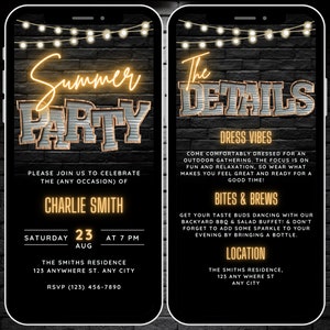 May include: A black and gold digital phone screen invitation for a summer party. The invitation features the text "Summer Party" and "The Details" in a neon-like font. The invitation includes the date, time, location, and RSVP information for the party.