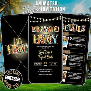 May include: Animated digital invitation for a backyard party. The design features a black background with the words "Backyard Party" in illuminated letters. Details include date, time, and location. The invitation also says "Good Eats & Tropical Beats."