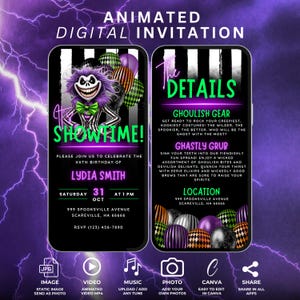 May include: An animated digital invitation for a 20th birthday party with a spooky, Halloween theme. The invitation features a cartoon skeleton wearing a purple and green suit and a bow tie. The text on the invitation reads "It's Showtime!" and "Please join us to celebrate the XXth birthday of Lydia Smith". The invitation also includes details about the party, such as the date, time, location, and RSVP information.
