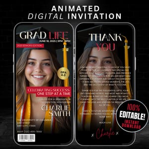 Plantilla de invitación de graduación digital y tarjeta electrónica de agradecimiento, anuncio de graduación de revista editable Evite, invitaciones para fiestas de graduación de la clase de 2025