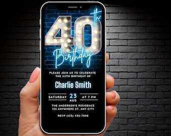 Editable 40th Birthday Invitation for Men Digital Template, Adult Invites, 40th Birthday Invite Blue, 40 th Party Evite Forty Trendy Ecard