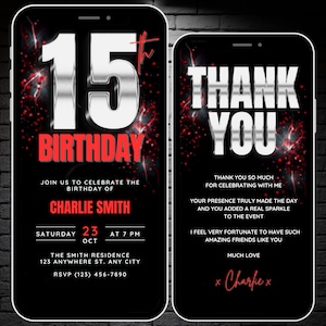Faire-part pour 15 ans pour garçons, argent, rouge noir, 15 ans d'anniversaire, vidéo d'invitation, carte virtuelle numérique modifiable pour fête du 15 anniversaire et remerciement