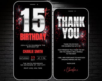 Boys 15th Birthday Invitation Silver Red Black 15 Year Old Birthday Video Invite, Editable Digital 15th Bday Party Evite & Thank You eCard