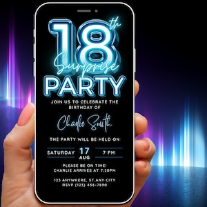 Surprise 18th Birthday Invitation Template, 18th Birthday Invite for him, Trendy Neon Blue Digital Invite, Surprise Birthday Party Invite