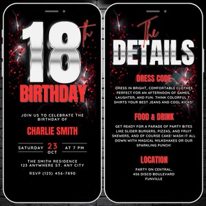 Boys 18th Birthday Invitation Silver Red 18 Year Old Birthday Video Invite, Editable Digital 18th Bday Party Evite & Itinerary Details Page