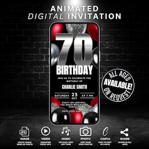 Invitación digital de 70 cumpleaños para hombres, invitación animada de 70 cumpleaños con autoedición en rojo, invitación telefónica de 70 años, fiesta de 70 cumpleaños