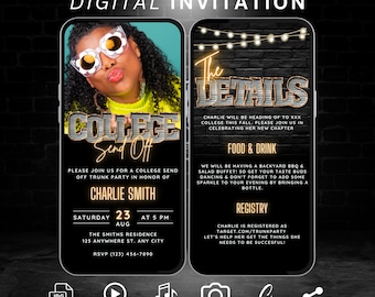 May include: A digital invitation for a college send-off party for Charlie Smith. The invitation features a photo of Charlie in sunglasses and a yellow shirt, with the text "College Send Off" in a wooden frame. The invitation includes details about the party, including the date, time, and location. The invitation also includes a section for food and drink, as well as a registry for gifts.