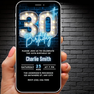 Editable 30th Birthday Invitation for Men Digital Template, Adult Invites, 30th Birthday Invite Blue, 30 th Party Evite Modern Trendy Ecard