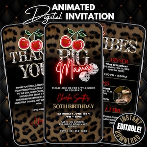 Big Mama Cheetah Print & Cherry Girls Night Birthday Dinner and Drinks Invitation Template, Animated Red and Gold Invite Leopard Print Flyer
