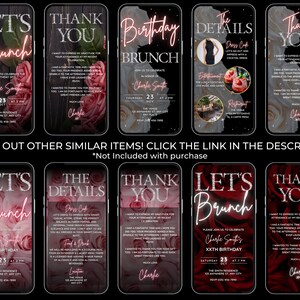Pu&ograve; includere: Un set di 10 inviti digitali stampabili per un brunch di compleanno. Gli inviti presentano un design floreale rosa e bianco su sfondo nero. Il testo sugli inviti recita "Let's Brunch", "Thank You", "Birthday Brunch", "The Details" e "Thank You".
