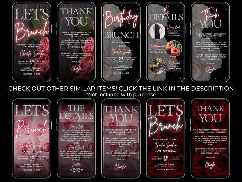 Pu&ograve; includere: Un set di 10 inviti digitali stampabili per un brunch di compleanno. Gli inviti presentano un design floreale rosa e bianco su sfondo nero. Il testo sugli inviti recita "Let's Brunch", "Thank You", "Birthday Brunch", "The Details" e "Thank You".