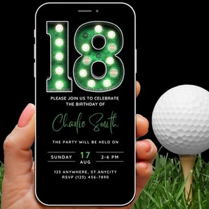 18th Birthday Invitation for boys, 18 Year Old Birthday Party Mobile Invite, Simple Discrete Top Golf Sports Themed Text Invite Evite