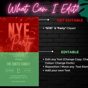 Pu&ograve; includere: Un invito a una festa di Capodanno rosso e verde con fuochi d'artificio sullo sfondo. Il testo dice "NYE Party" e include dettagli come la data, l'ora e l'ospite. L'invito elenca anche cosa &egrave; modificabile e cosa non &egrave; modificabile.