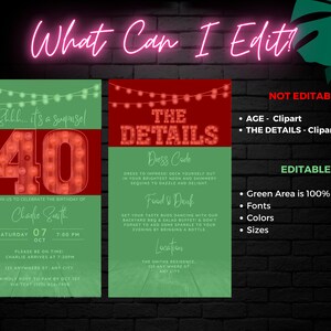 May include: A 40th birthday party invitation with a red background and a green border. The invitation features a large number 40 with light bulbs, a title that says "The Details", and a list of details for the party, including the date, time, location, and dress code. The invitation also includes a section for editable text.