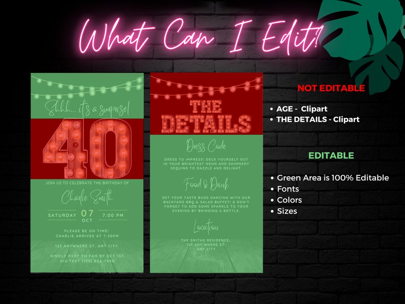 May include: A 40th birthday party invitation with a red background and a green border. The invitation features a large number 40 with light bulbs, a title that says "The Details", and a list of details for the party, including the date, time, location, and dress code. The invitation also includes a section for editable text.