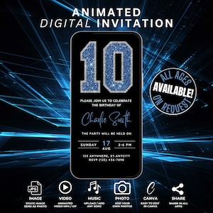 10th Birthday Party Invite Digital 10th Birthday Invitation Boy Girl, Animated Video Invite Canva, Personalized Blue Glitter Paperless Evite