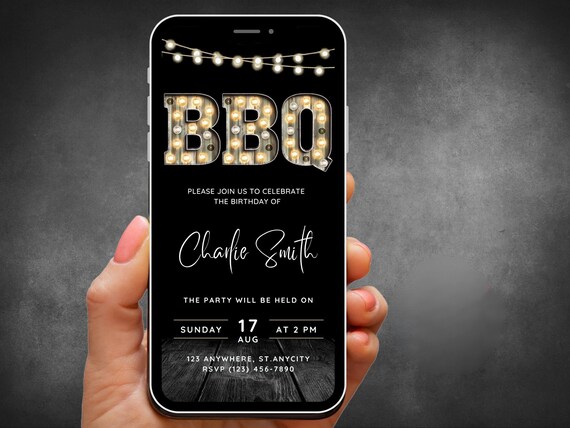 BBQ Invitation, BBQ Party Invite for Adults, Electronic Birthday BBQ Invitation, Marquee Number Phone Invite, Digital Invite, bbq Evite